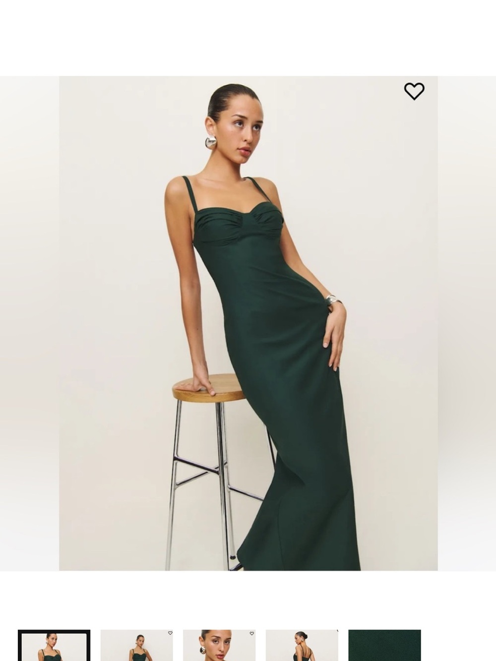 Reformation Dark Green Midi Dress with Sweetheart Neckline